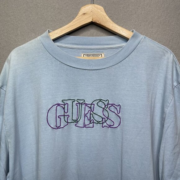 Vintage Guess Originals Light Blue Embroidered Logo T-Shirt L - Picture 4 of 12